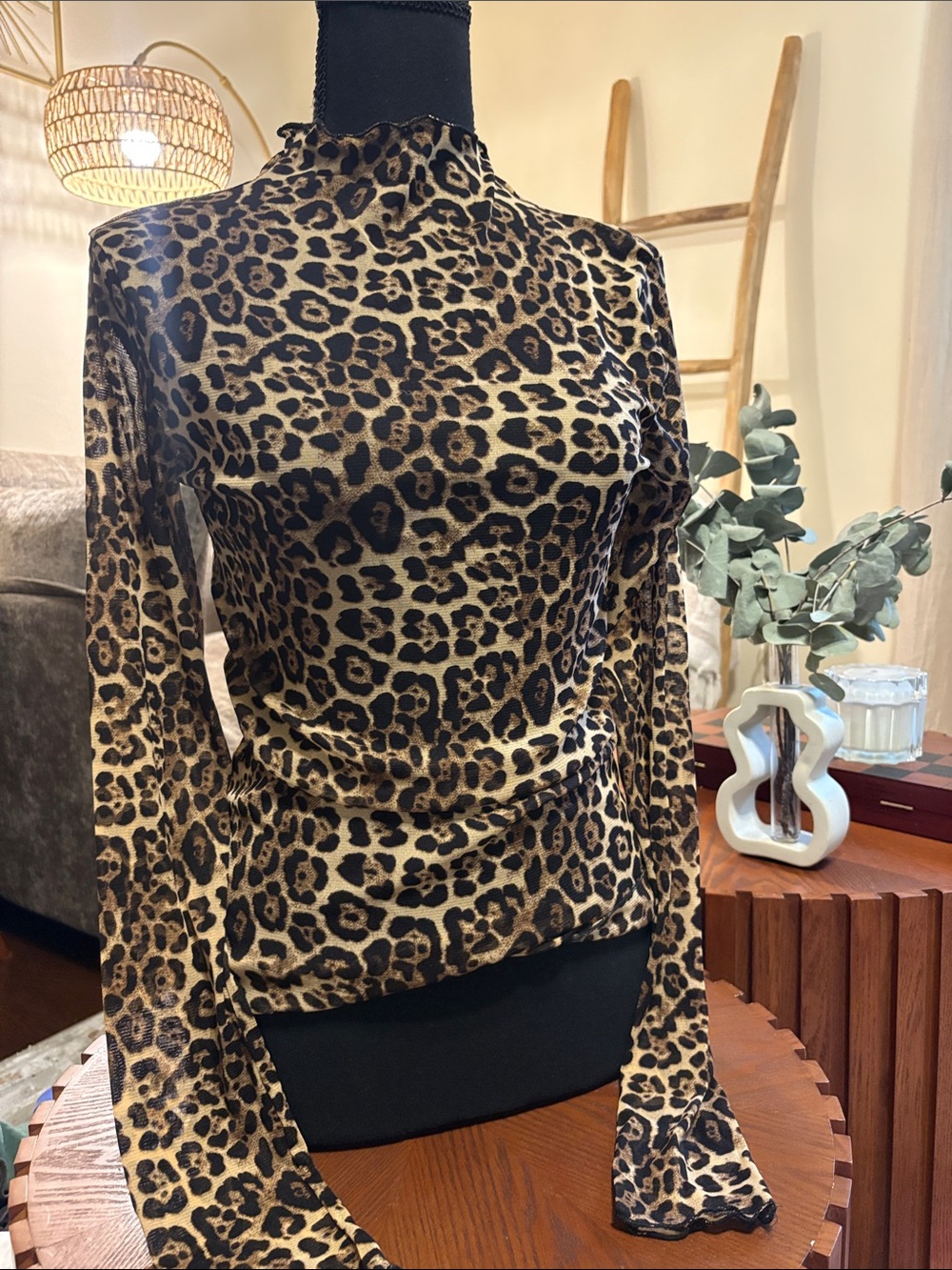 See-through Leopard Print Mock Neck Long Sleeve Top